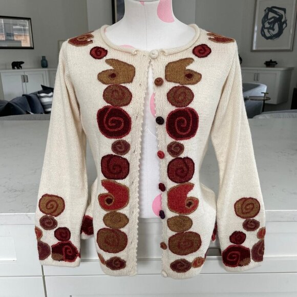 Quipu 100% Baby Alpaca Scoop Nk Knit Cardigan Funky Retro Vibes Cream Multi XS/S - Picture 12 of 12